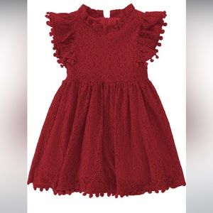 Wine red elegant lace Pom Pom toddler dress, new no tags